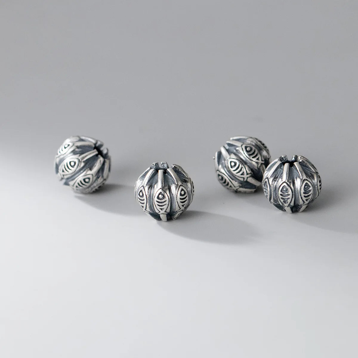 10mm 925 Sterling Silver Round Spacer Beads Fish Carved Big Hole Beads for Jewelry Making
