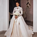 Graceful 2026 High Neck Plus Size Two in One Gown Tulle Vestido De Novia Lace Long Sleeves Mermaid Bridal Wedding Dress MW88