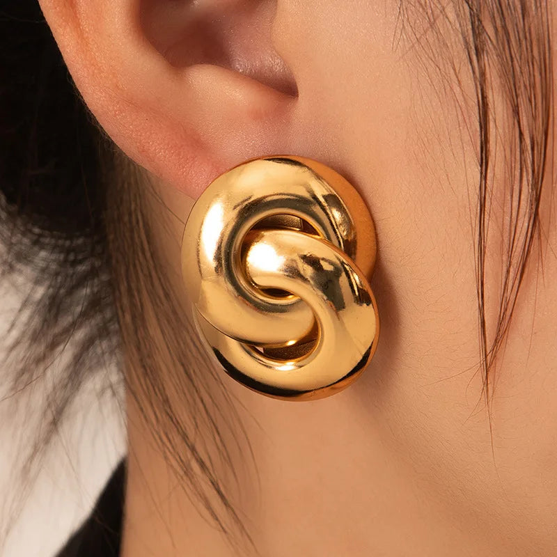 Hyperbole New Style 18K Gold Plated Jewelry Geometric Double Circle Interlocked Stainless Steel Stud Earring