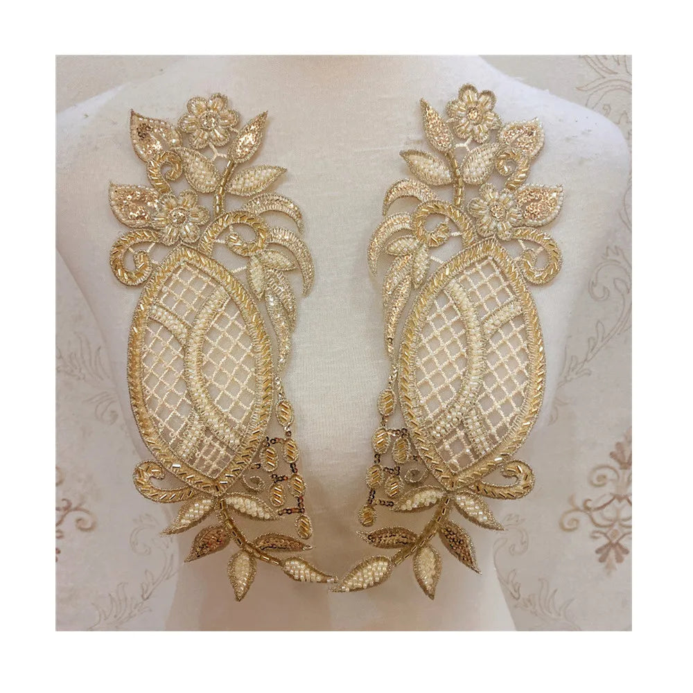 New Embroidery Beaded Flower Pair Polyester  DIY Accessories for DIY Wedding Dress Applique Patches