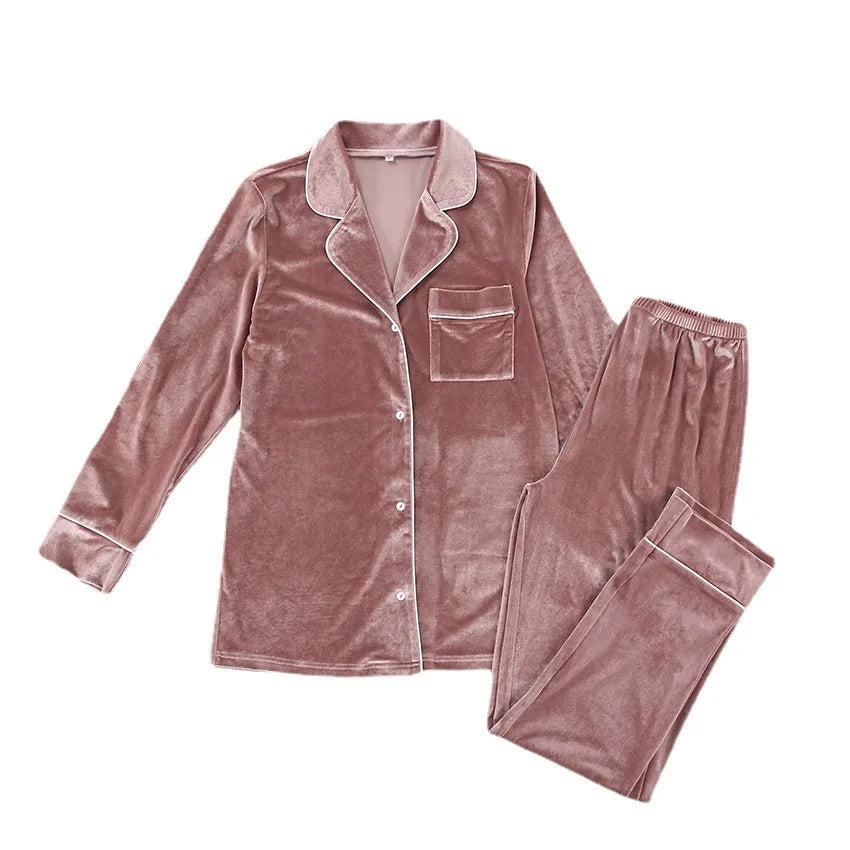 Long Sleeve Solid Velvet Pajamas Set for Women Casual Home Wear
