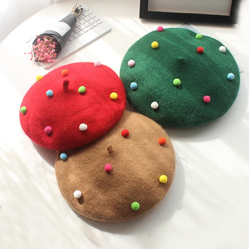 2025 New Candy Children's Beret Fresh Sweet Parent-Child Woolen Hat Autumn and Winter Colored Painter Hat