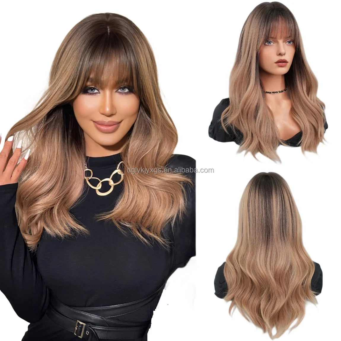 WH20 New Styl Japanese Korean 20-Inches Curly Synthetic Hair Wig Bangs Medium Length Curly Wigs Water Wave Wig  Women Hair