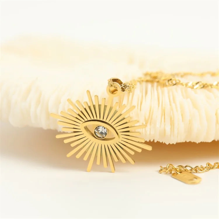 Ins Gold Plated Stainless Steel CZ Zircon Devil's Eye Pendant Necklace with Link Chain for Women's Anniversary & Party Wear