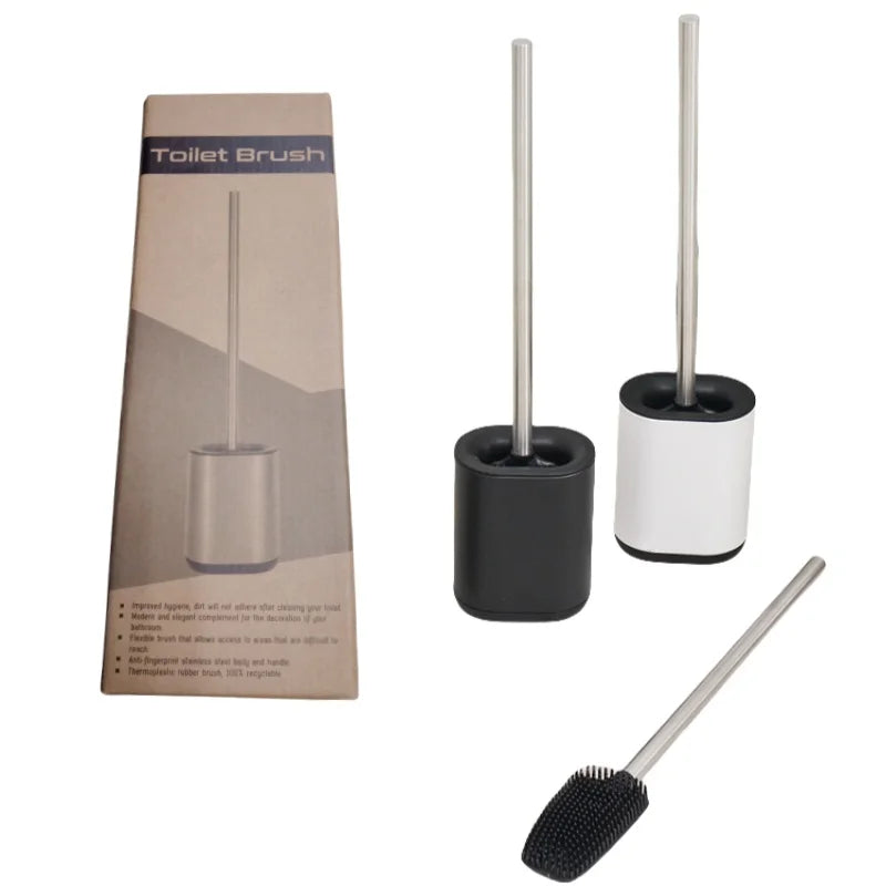 Silicone Flex Toilet Brush with Holder Stainless Steel Holder Stainless Steel Handle Flexible Flat Toilet Brush and Container