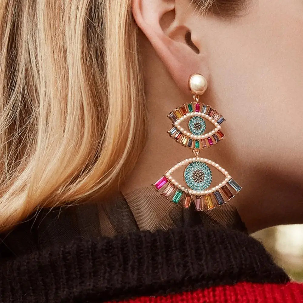 HOVANCI Retro Hyperbole Evil Eyes Pendant Earrings Long Personalized Colorful Crystal Rhinestone Eyes Shape Dangle Earrings