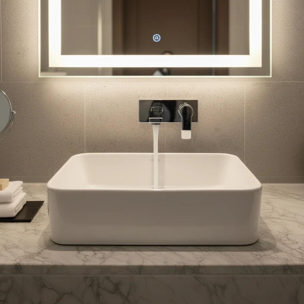 China Manufacturer 50CM Length Modern White Ceramic Top Mounted Rectangular Wash Basin for Hotel Bathroom