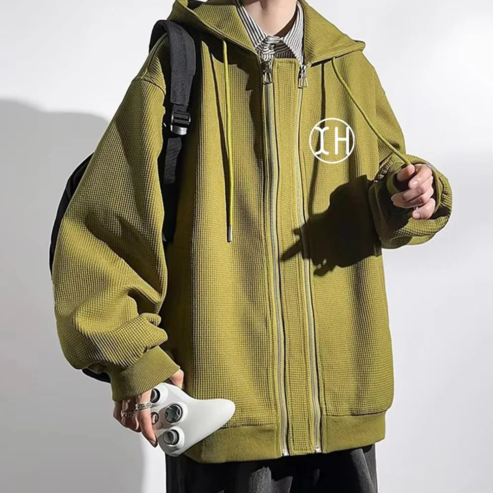 Manufacturer Men Heavyweight Two Full Zip up Waffle Hoodie Jacket Oversize Thermal HoodiesStreetwear Casual Pullover Sweatshirt