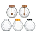 Fancy 380ml Clear Glass Honey Jar with Wood Dipper or Screw Cap