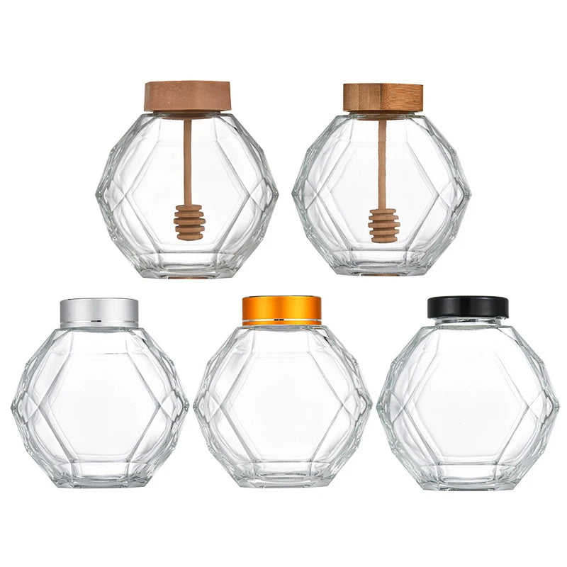 Fancy 380ml Clear Glass Honey Jar with Wood Dipper or Screw Cap