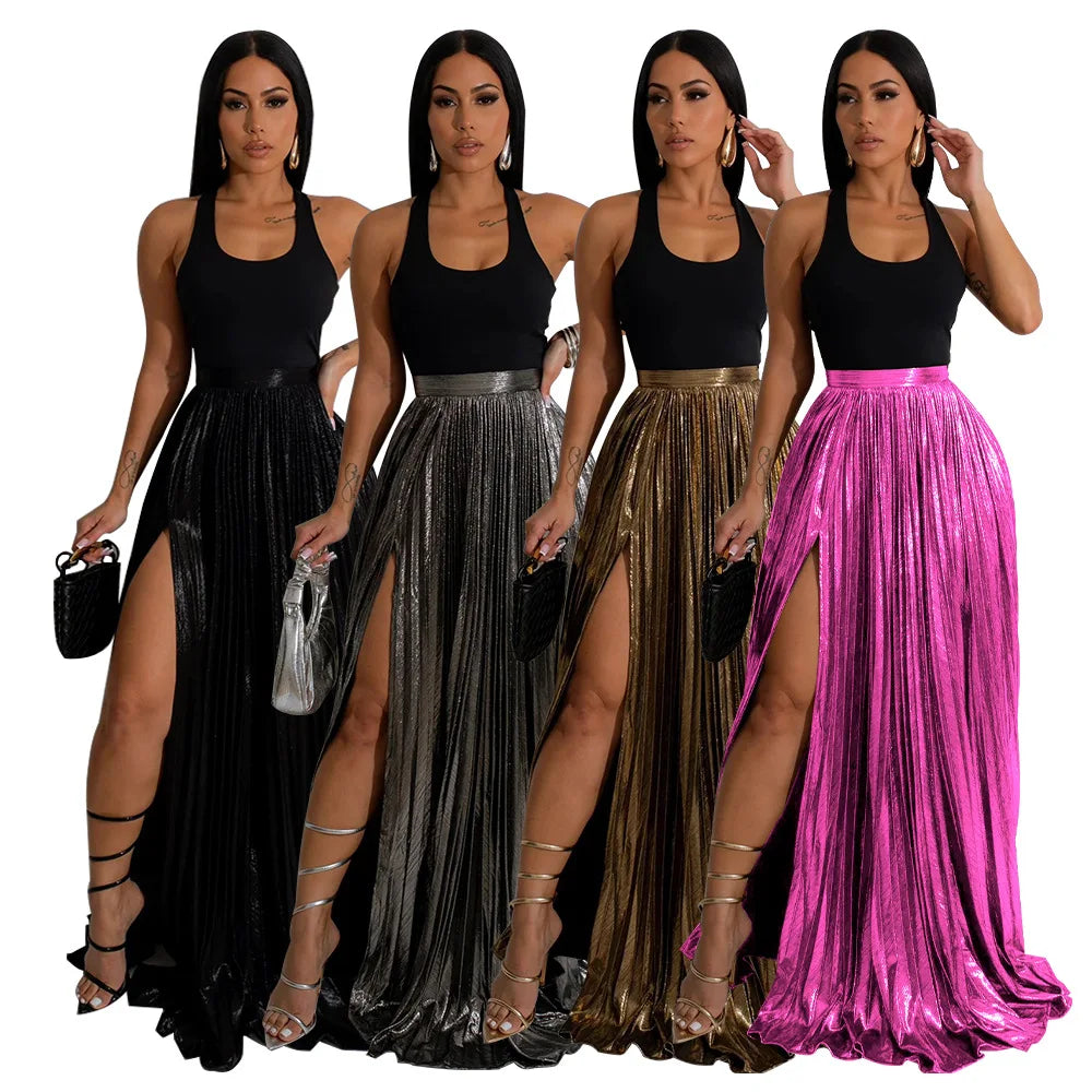 Summer Women Vintage Irregular Side Slit High Waist Pleated Skirts Casual Maxi Dress Women Long Skirts