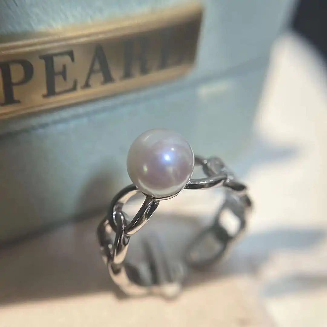 925 Sterling Silver Ring Fried Dough Twists Ring 7-8MM Round Pearl Natural Freshwater Pearl Ring for Girls Pearl Jewelry