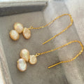 Solid 925 Silver Chain Earring with 7-8 mm Orange pink Natural Baroque Keshi Freshwater Pearl Beads