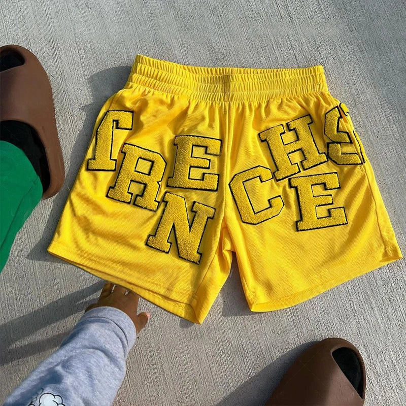 Custom Chenille Embroidery Logo Breathable Fit Casual Streetwear Jogger Mesh Shorts 5 Inch Inseam Basketball Mesh Shorts for Men