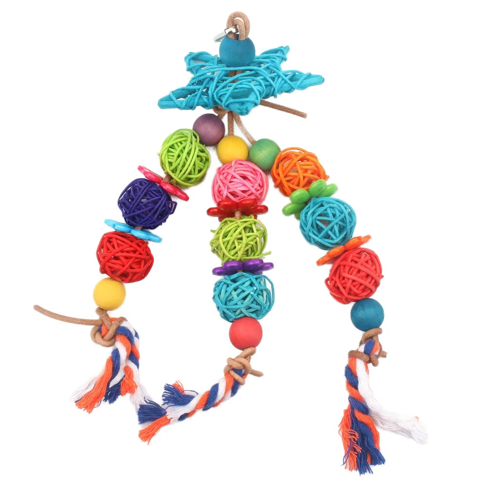 Eco-Friendly Sustainable Wood Modern Bird Toy Cartoon Plush Swing Rattan Ball Parrot Supplies Molar Chew Hanging Chew Toy