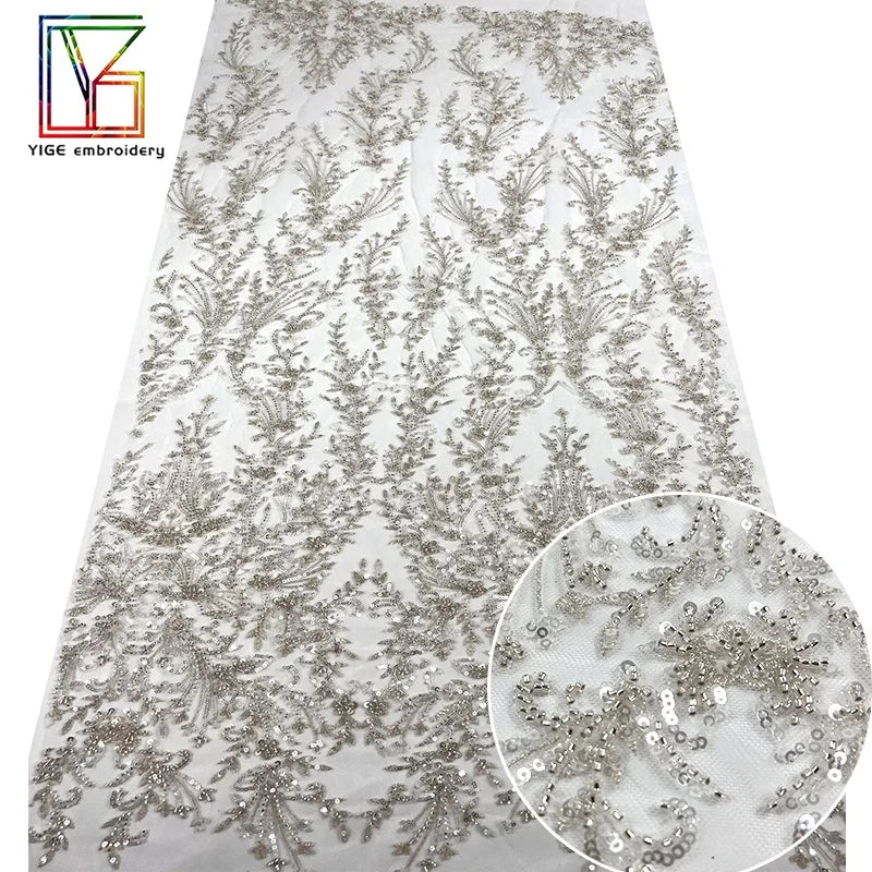 Luxury Bridal Sequins Heavy Beaded Tulle Lace French Wedding Embroidered Beads Laces Fabrics for Women