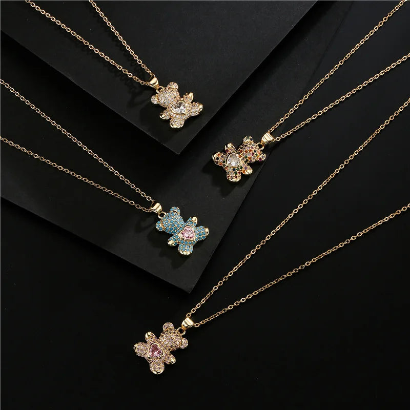 BINSHUO Fashion New Brass Micro-inlaid Zircon Turquoise Love Bear Pendant Necklace for Women