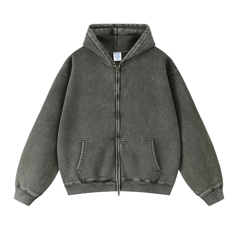 2024 Premium Quality Full Face Zip up Oversized Fleece Blank Hoodies Men's Batik Wash Vintage Streetwear Hoodie Sets Wholesale