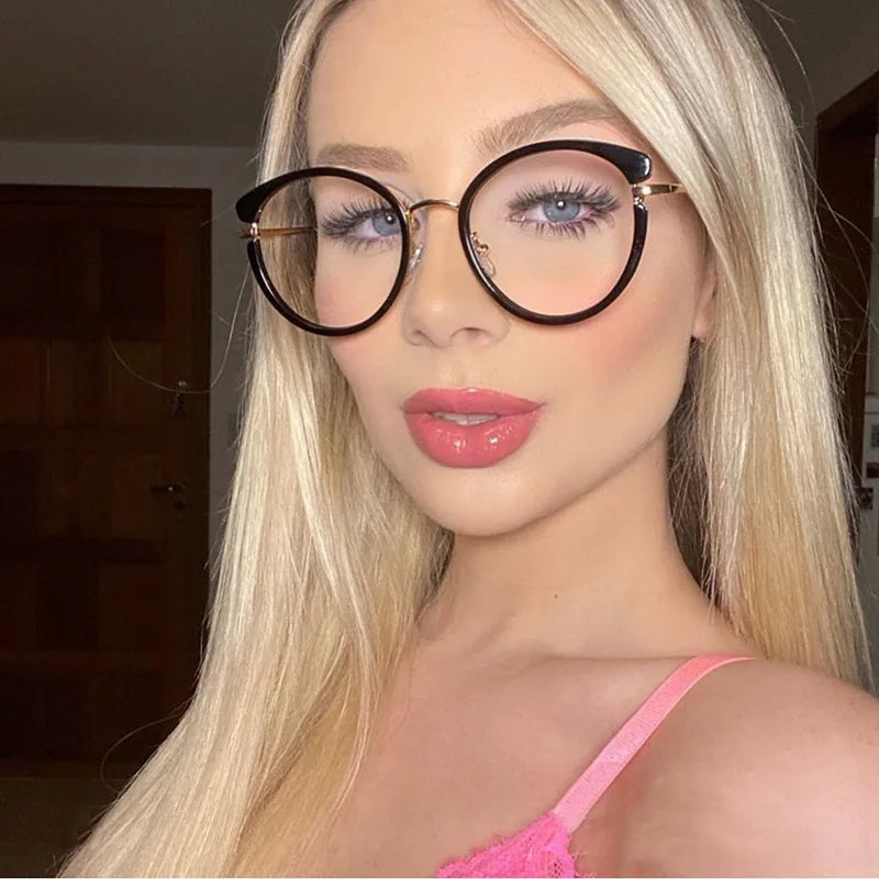 Women Round Plastic Glasses Anti Blue Light Eyeglasses Prescription Myopia Hyperopia Transparent 6 Colors Leopard Black Eyewear