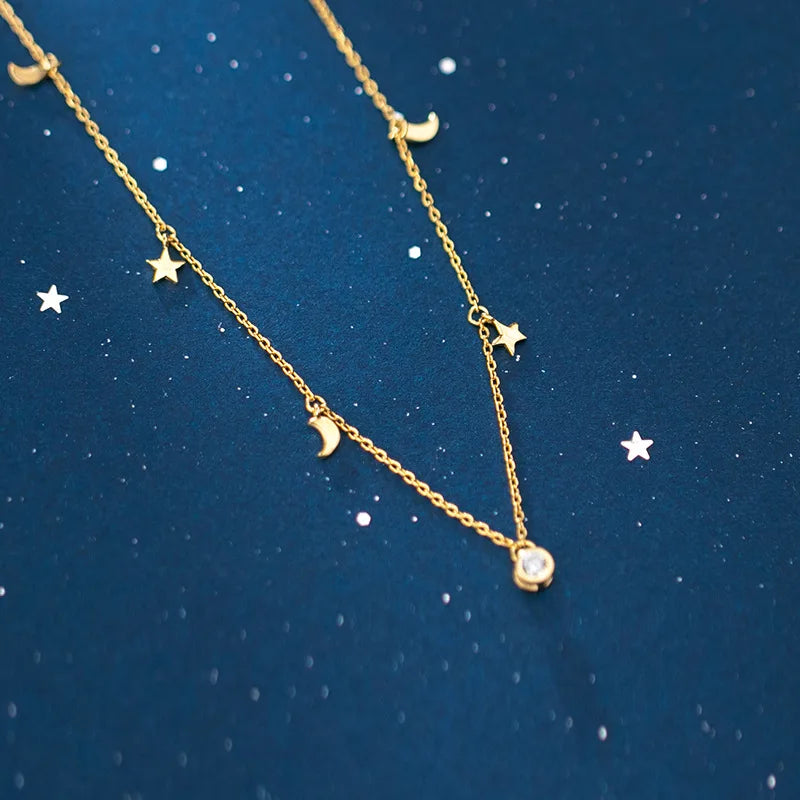 925 Sterling Silver Small Moon Star Necklace Gold Plated Round Zircon Pendant Necklaces Fashion Jewelry for Women