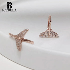ICEBELA Wholesale 925 Sterling Silver Fine Jewelry Cubic Zirconia Mermaid Whale Tail Round Huggie Silver Hoop Earrings for Girls