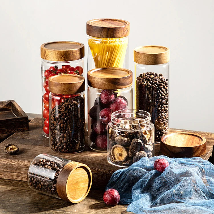 2026 New Arrivals High Borosilicate Glass Sealed Jar Acacia Wood Flip Top Lid Microwave Safe Lightweight for Food Storage