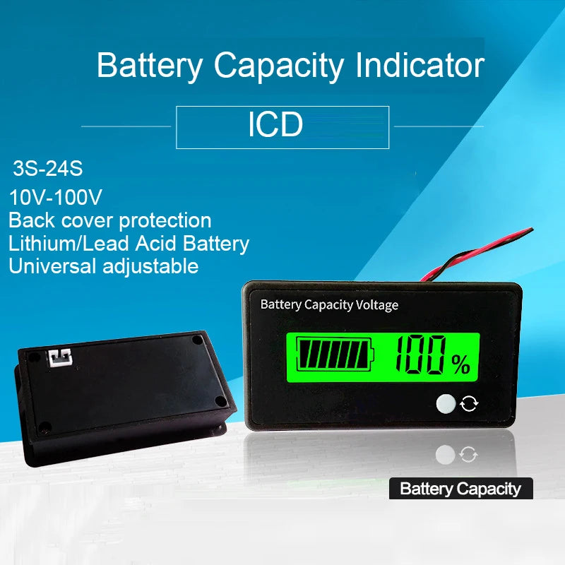 12V 16.8V 21V 24V 36V 48V 100V Lithium Battery Capacity Indicator 3S 4S 7S 11S 24S Power Level Display Meter LCD Display Li-ion