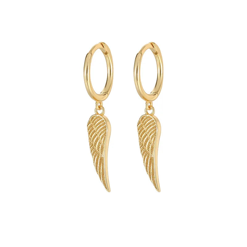 Factory Dropshipping 925 Sterling Silver Fashion Jewelry Earrings Wing Feather Pendant Gold Plated Hoop Earrings Women