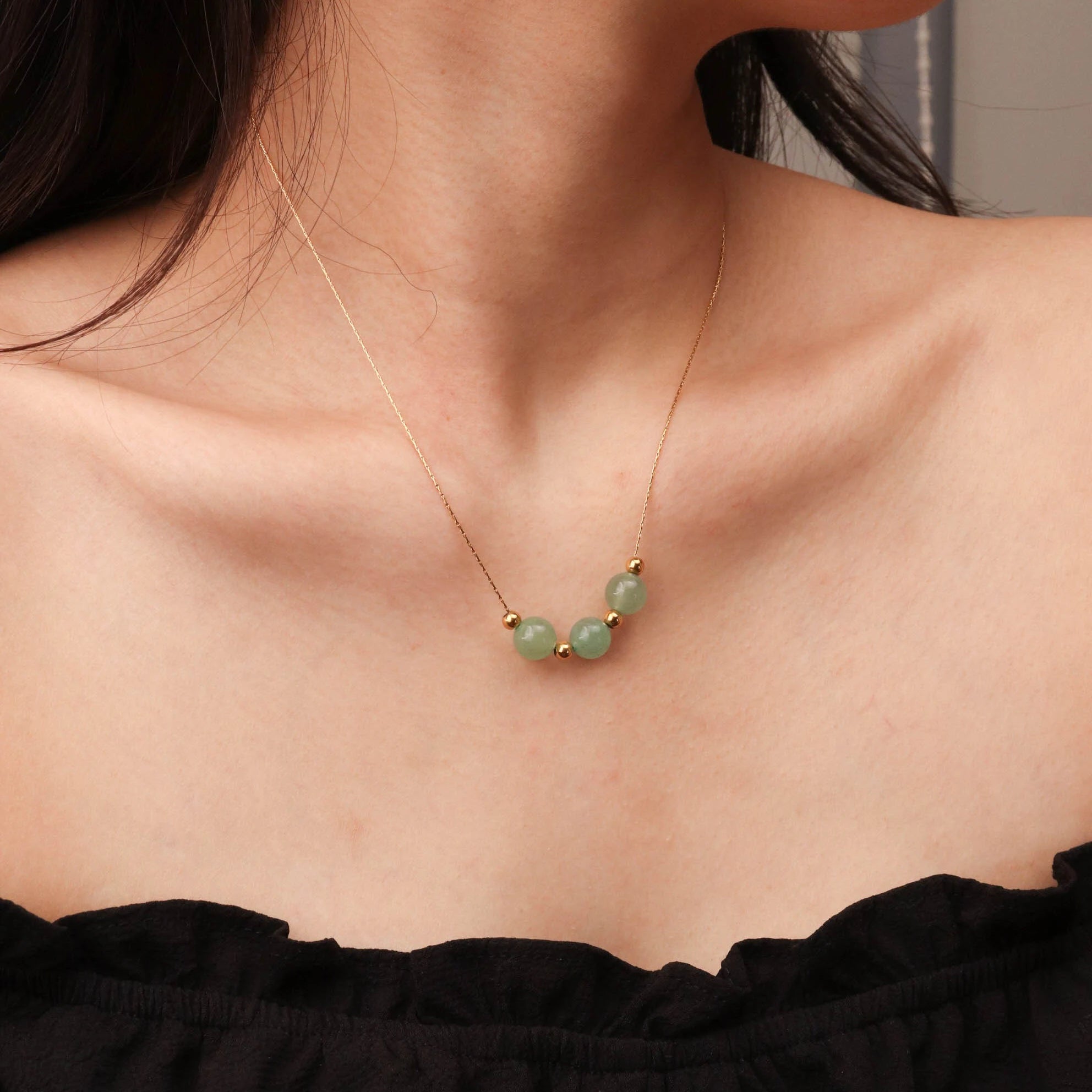 Chris April PVD Gold Plated 316L Stainless Steel Simple Natural Gems Power Stones Pendant Beads Chain Necklace