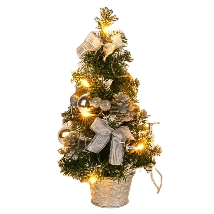 16 Inch Pre-lit Artificial Mini Christmas Tree with Small LED Lights Balls Pine Cones and Bows for Table Top Desk Classic