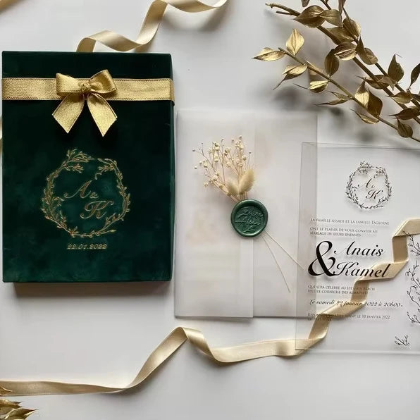 Custom Luxury Emerald Green Vellum Paper Handmade Offset Printed Washable Pattern Wedding Invitations Cards & Gift Boxes
