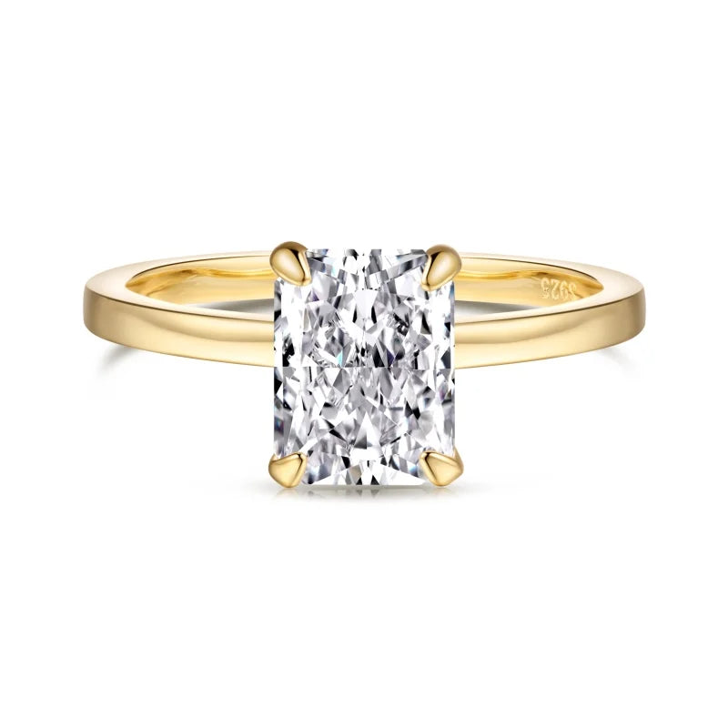 S925 Sterling Silver 18k Gold Plated Rectangular Single Diamond 2 Carat 8A Zircon Ring