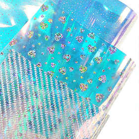 0.4mm Shiny Foiled Heart Designs Blue Rainbow Pink Holographic PVC Film for Making Bag Gift Bag