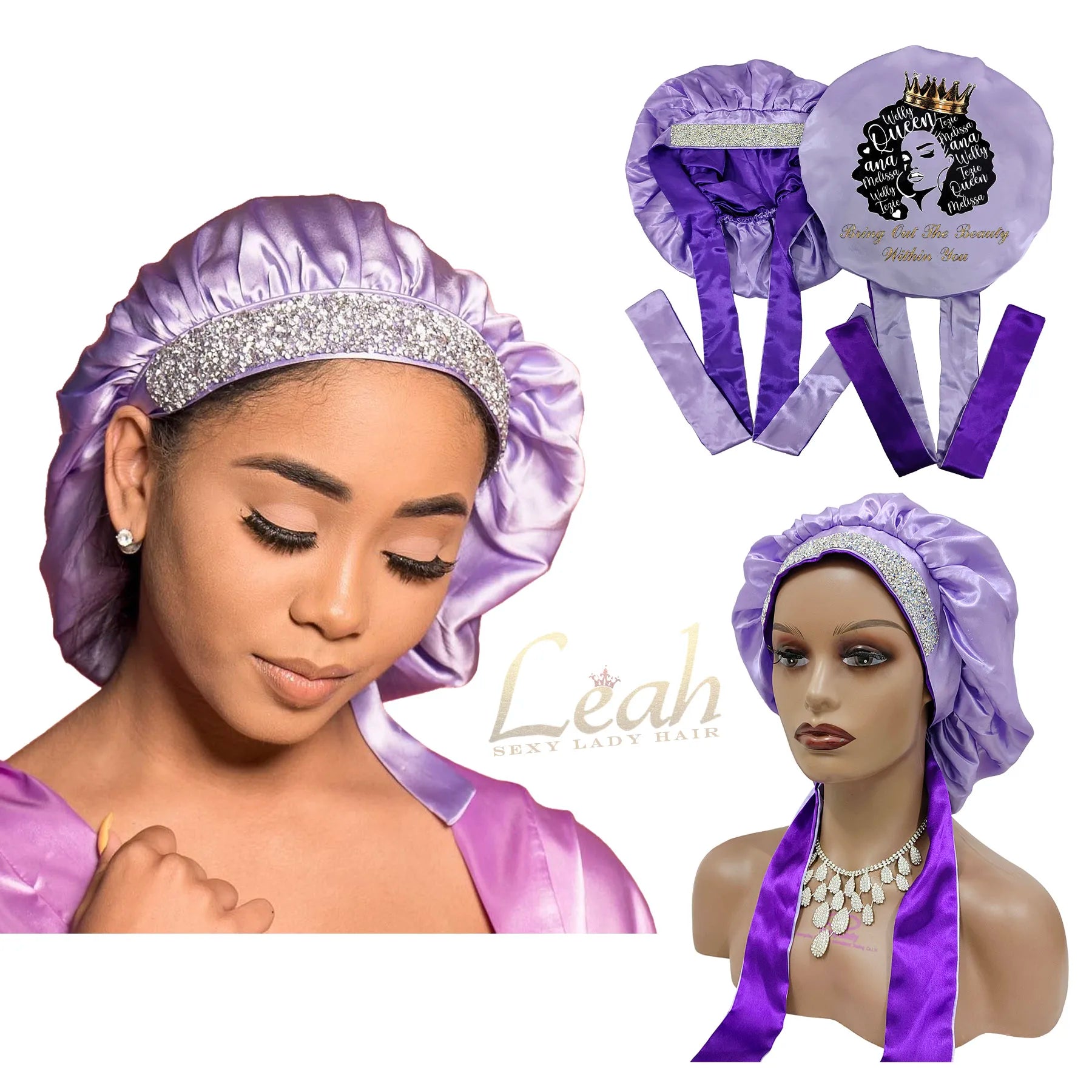 Custom Logo Silk Glitter Diamond Long Bands Bling Rhinestone Bonnets and Satin Hair Wraps