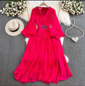 M-2XL French Retro Haute Couture V-neck Lantern Sleeve studded Diamond Dress for Women Slim Waist Elegant Large Swing Long Skirt