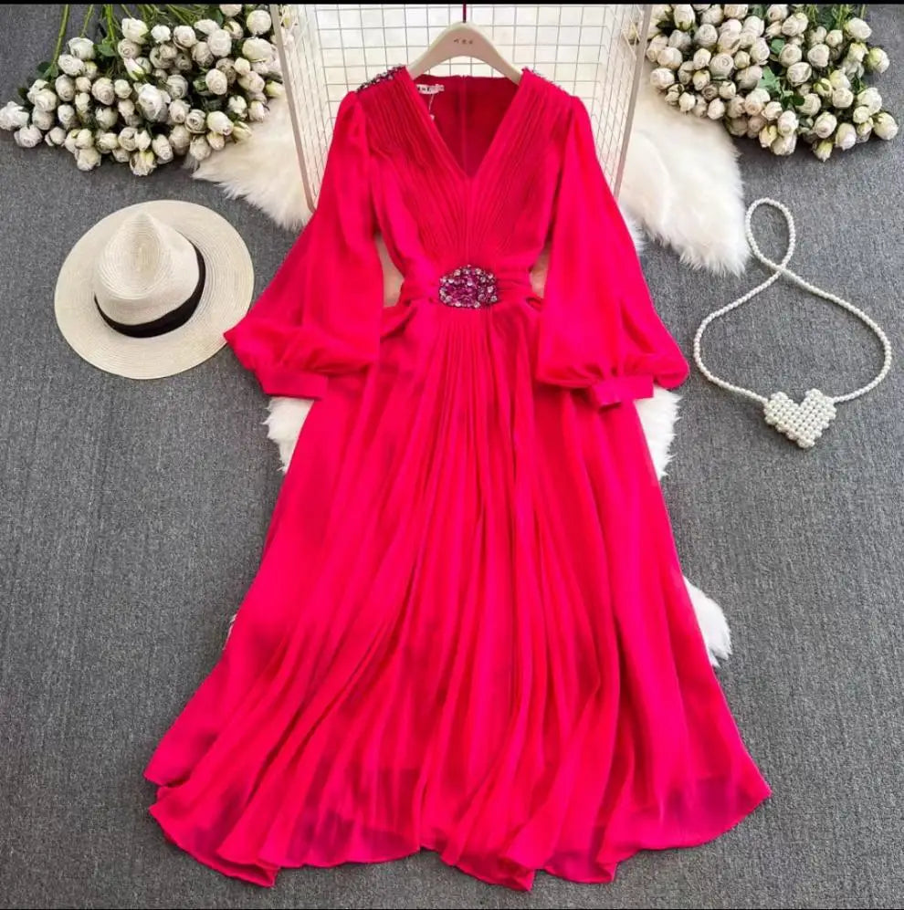 M-2XL French Retro Haute Couture V-neck Lantern Sleeve studded Diamond Dress for Women Slim Waist Elegant Large Swing Long Skirt