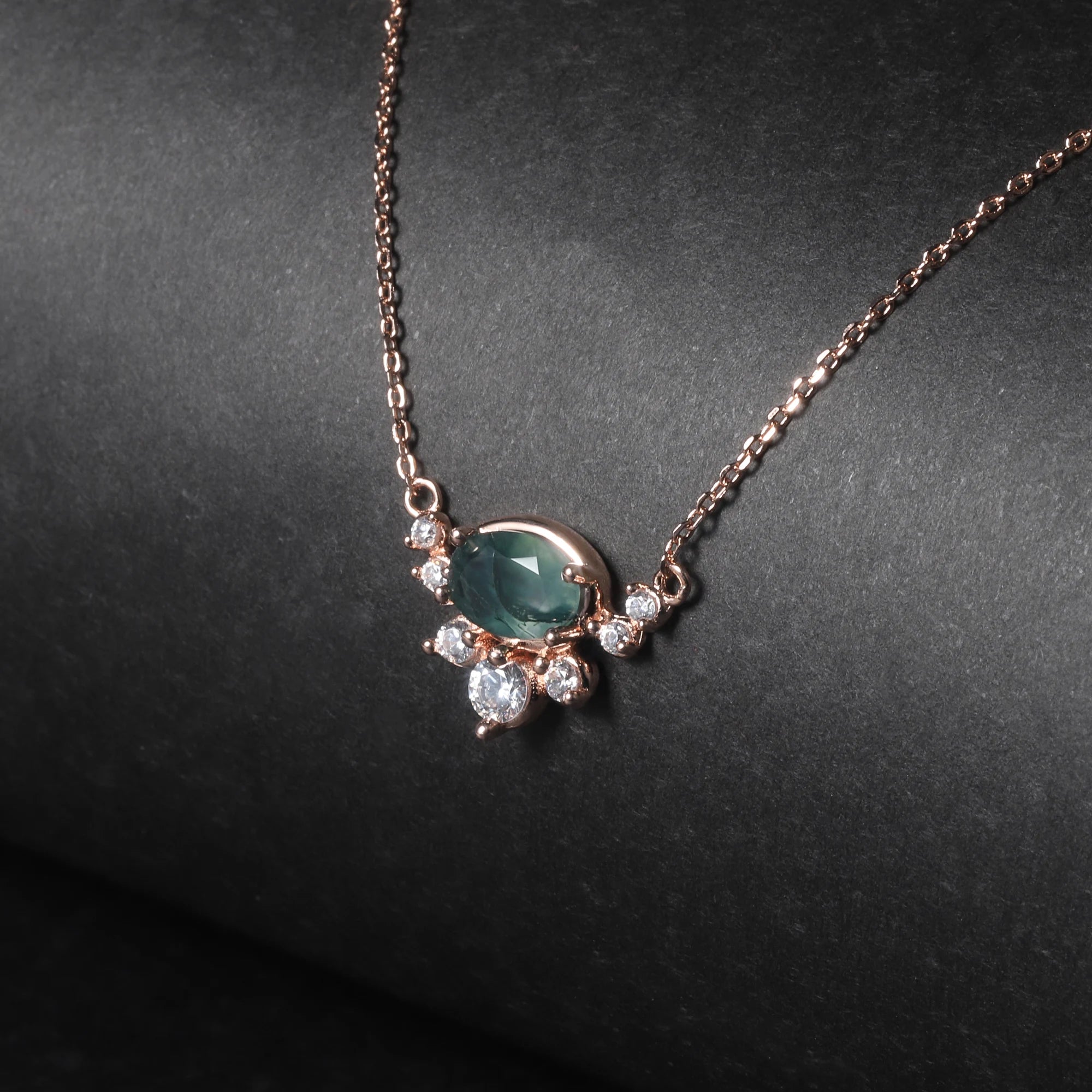 OL0893 Abiding Women Jewelry Wholesale Rose Gold Plated 925 Sterling Silver 5x7mm Oval Gemstone Moss Agate Necklace