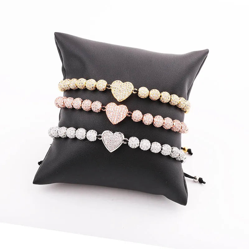 New Fashion Luxury CZ Diamond Ball Cute Love Heart Charm Custom Logo Friendship Cord Bracelet Women JBS11398