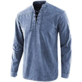 England Style Men T Shirts Casual Silk Cotton Long-sleeved Denim T-Shirts Stand Collar Pullover Solid Color Loose Tops