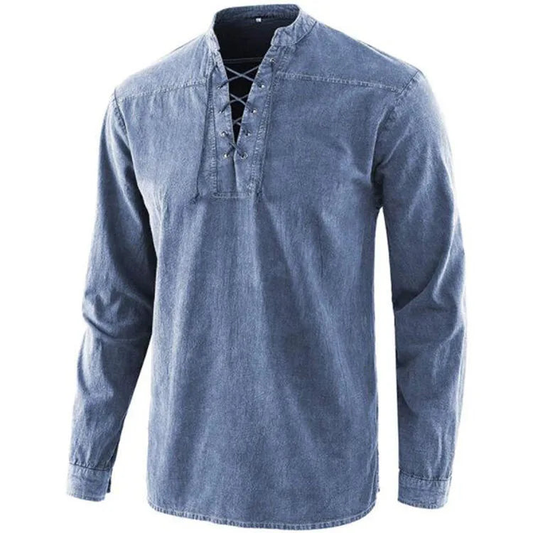 England Style Men T Shirts Casual Silk Cotton Long-sleeved Denim T-Shirts Stand Collar Pullover Solid Color Loose Tops