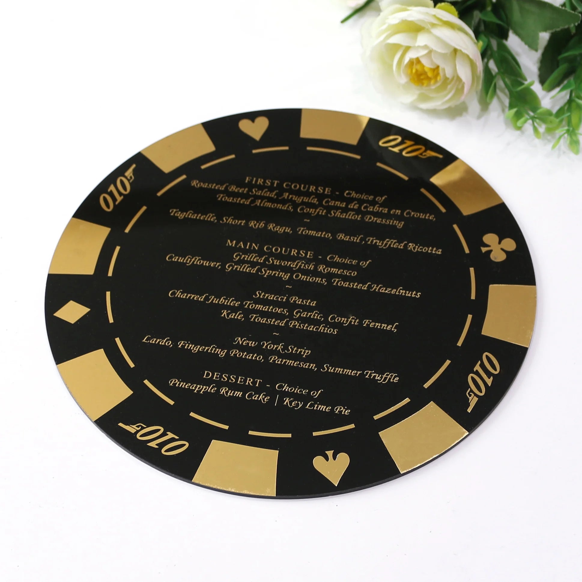 Custom Luxury Wedding Dinner Menu Cards Creative Round Shape Black Acrylic Restaurant Menus Music Style Hot Stamping Foil Paper