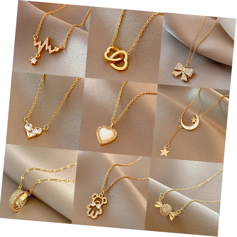 Fashion Dainty Non Tarnish 18K Gold Plated Rose Flower Moon Fishtail Heart Zircon Stainless Steel Necklace Jewelry for Women