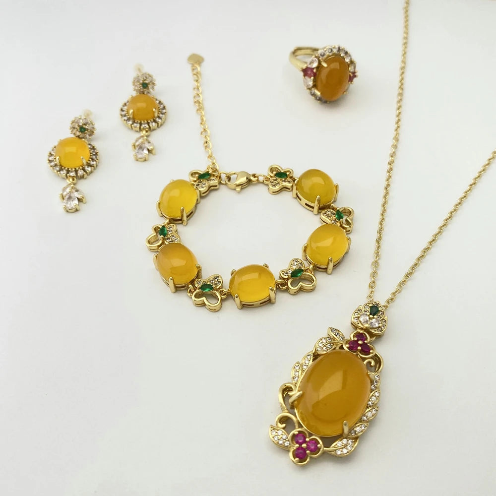 Gold Plated Micropaved Yellow Chalcedony Luxury Set
