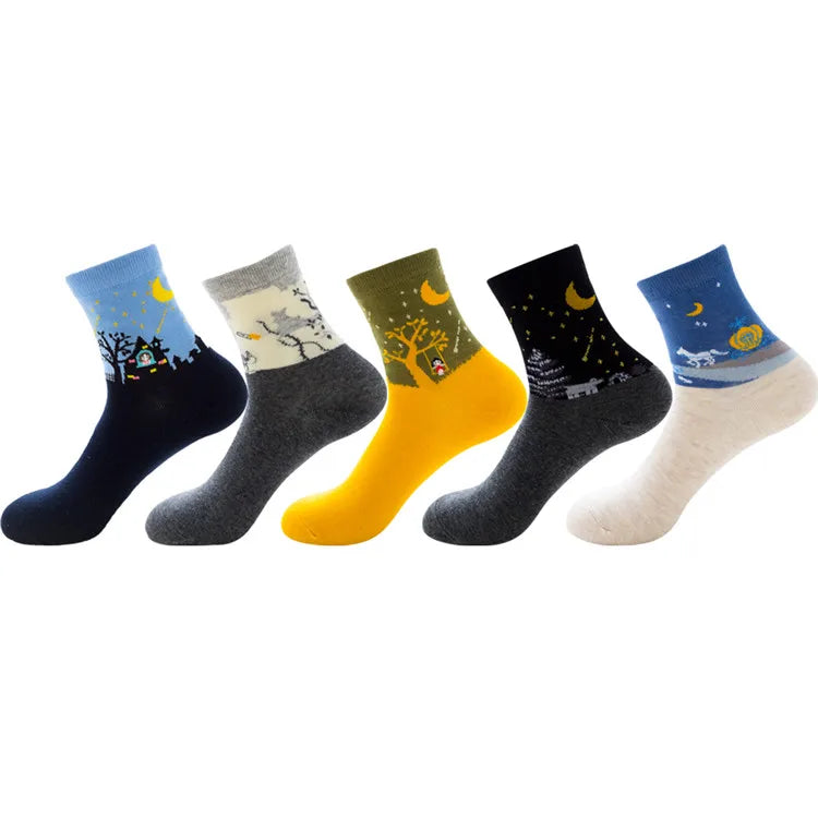 XIANGHUI Wholesale Cheap Unisex Custom Moon Funny Jacquard Tube Colorful Fashion Cotton Men Women Crew Tube Socks
