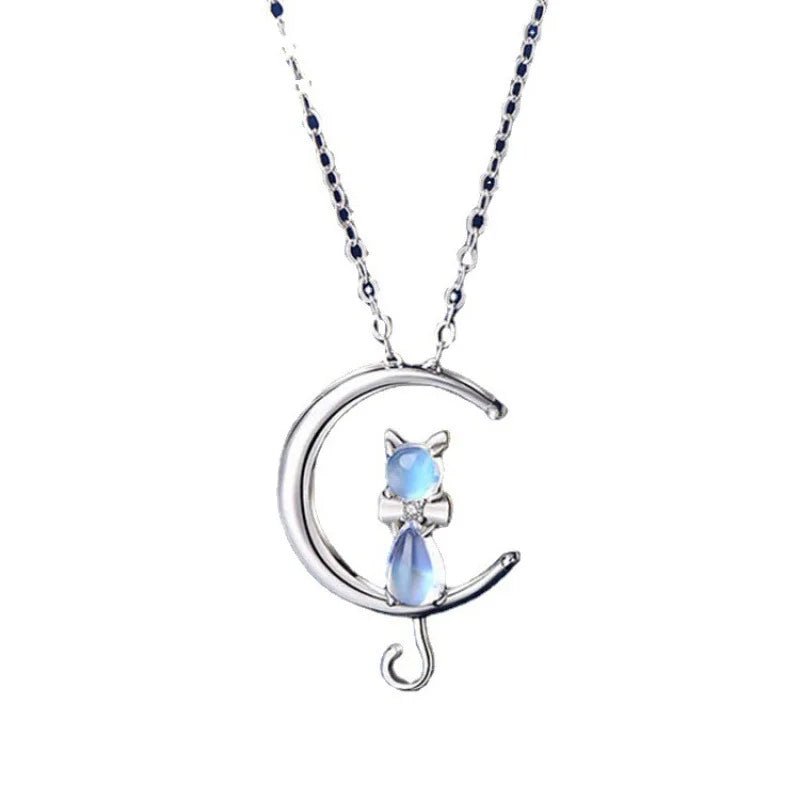 Collar Lunar Piedra Luna De Plata Copper Cross Chain Silver Gold Plated  Cute Cat  Half Moon Pendant  Moonstone Pendant Necklace