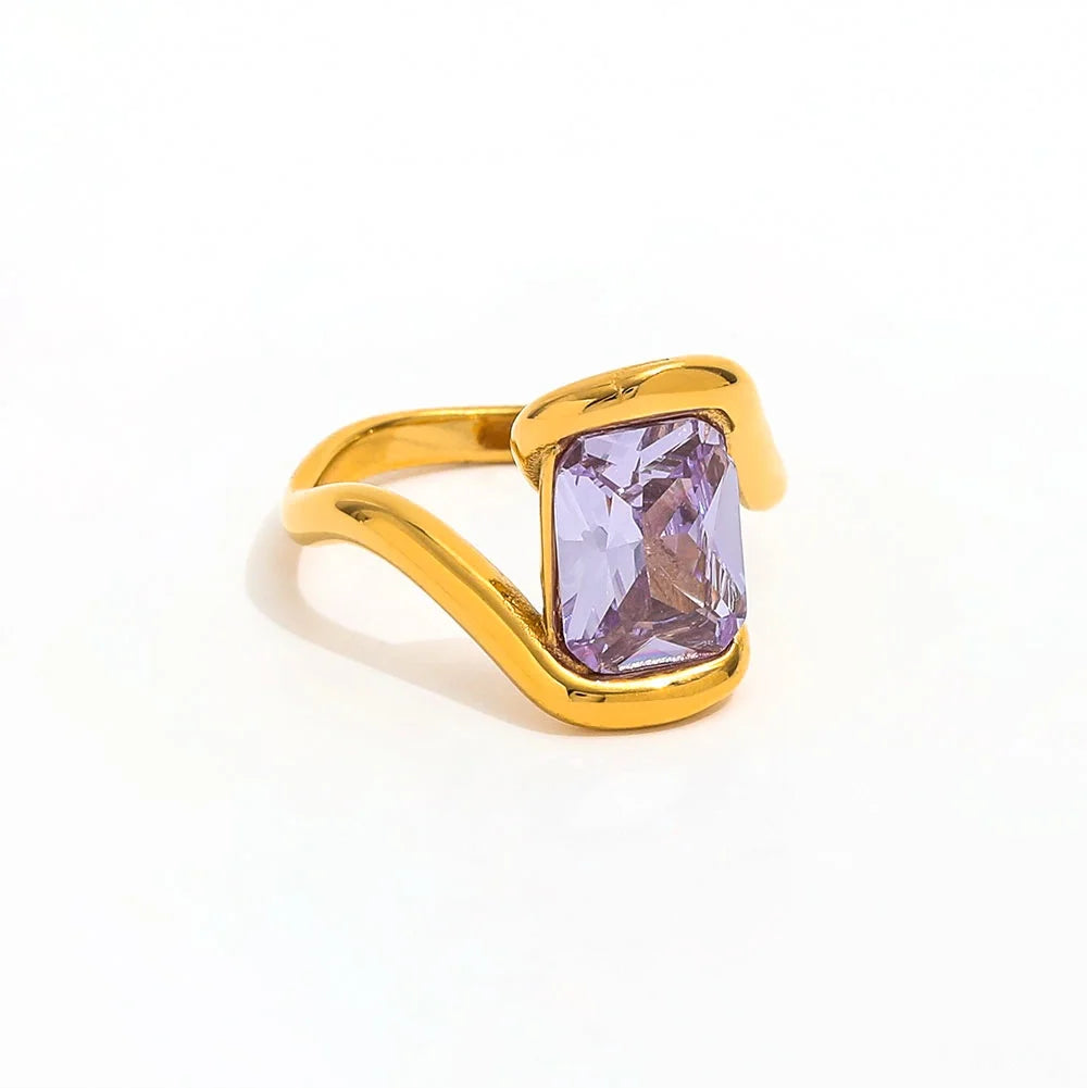 High End 18K Plain Gold Rectangle Purple Zirconia Cross Lines Waved Ring Stainless Steel Trendy Simple Gold Plated Jewelry