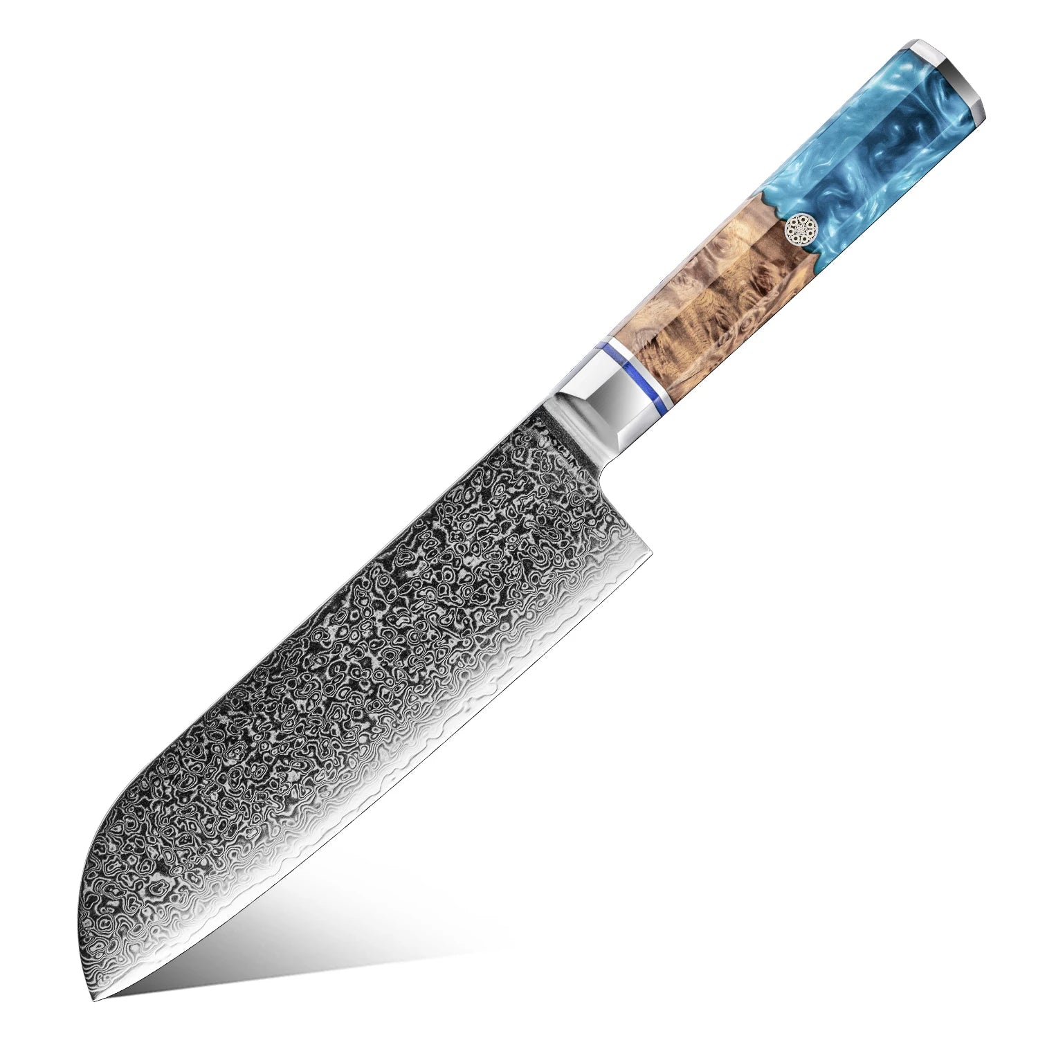 Grandsharp 7 Inch Japanese 10CR15MOV Damascus Steel Kitchen Chef Santoku Knife Cutting with Blue Resin & Solidified Wood Handle