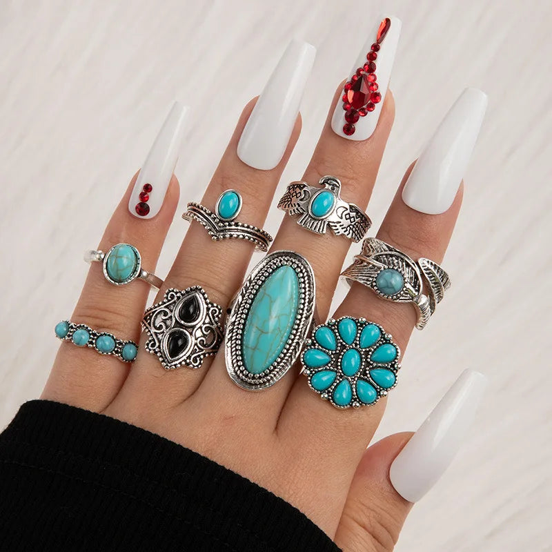 8 Pcs/set Vintage Boho Ethnic Style Fashion Jewelry Turquoise Feather Flower Animal Carved Silver Ring Set for Women