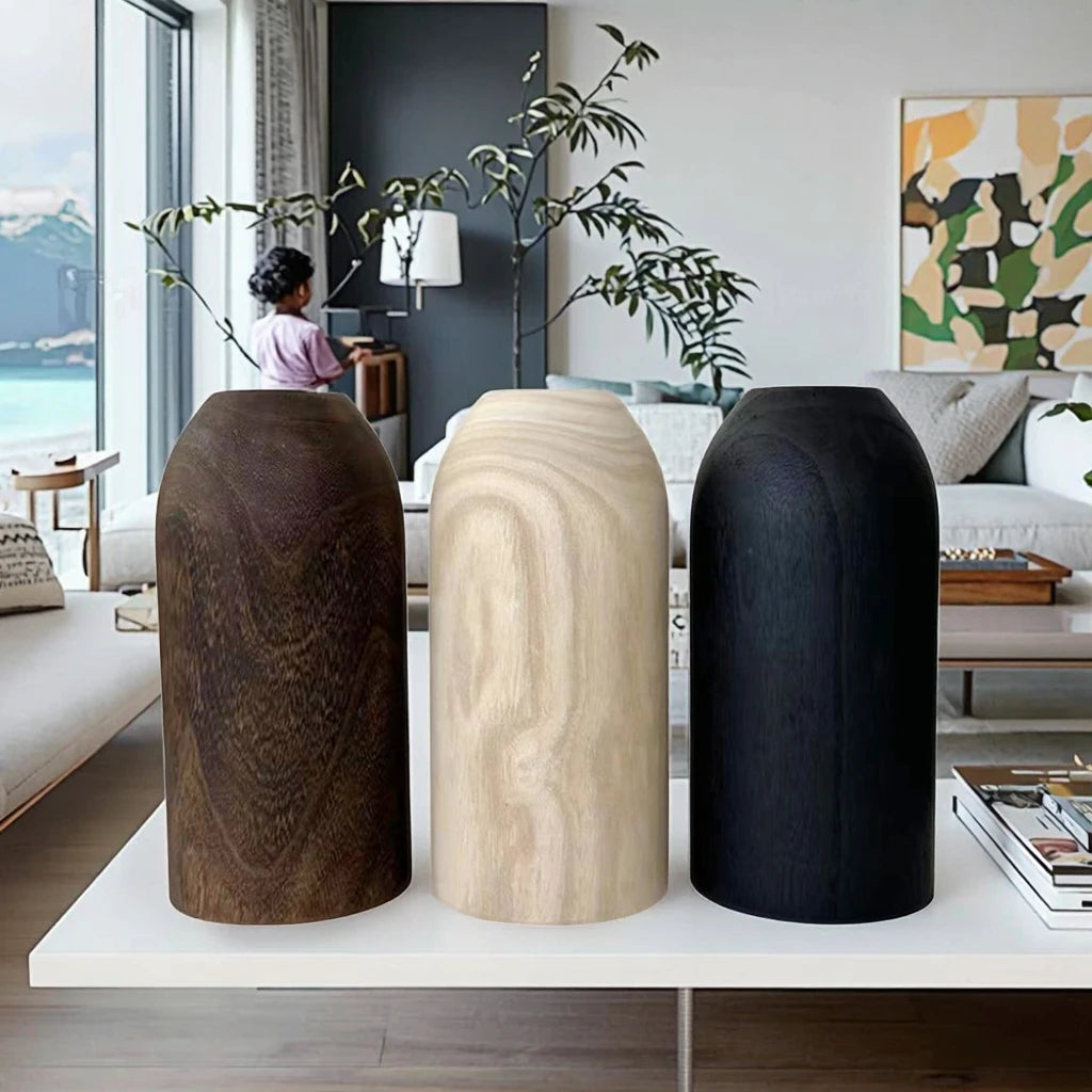 Black Retro Wooden Vase Custom Logo Creative Solid Wood Decorative Fortune Paulownia Tabletop Vase for Home Decoration