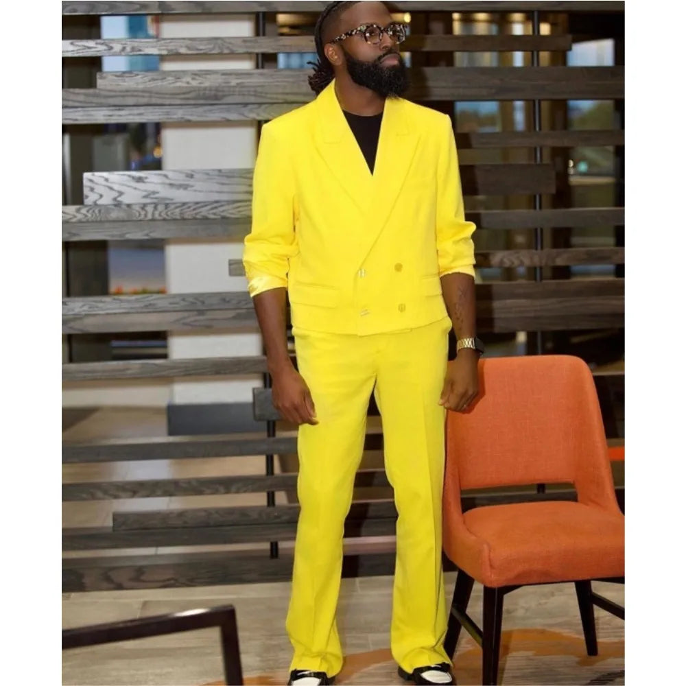 Street Wear Yellow Mens Suits 2 Pieces Casual Coat Pant Wedding Groom Prom Tuxedos Blazer Set Jacket+Pant